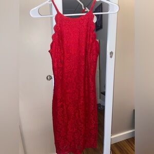 red scalloped floral lacy dress